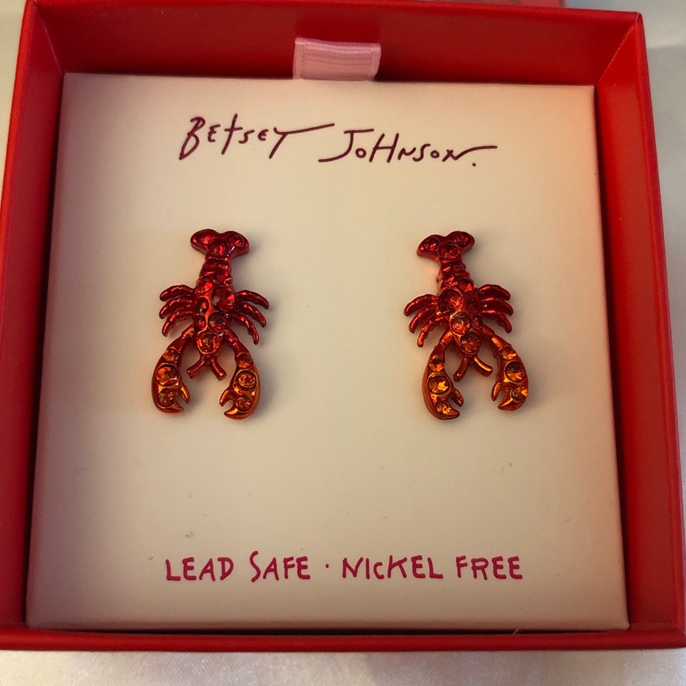 Betsey Johnson Mermaid Jewels Metallic Red Lobster Stud Earrings Crystal NWT